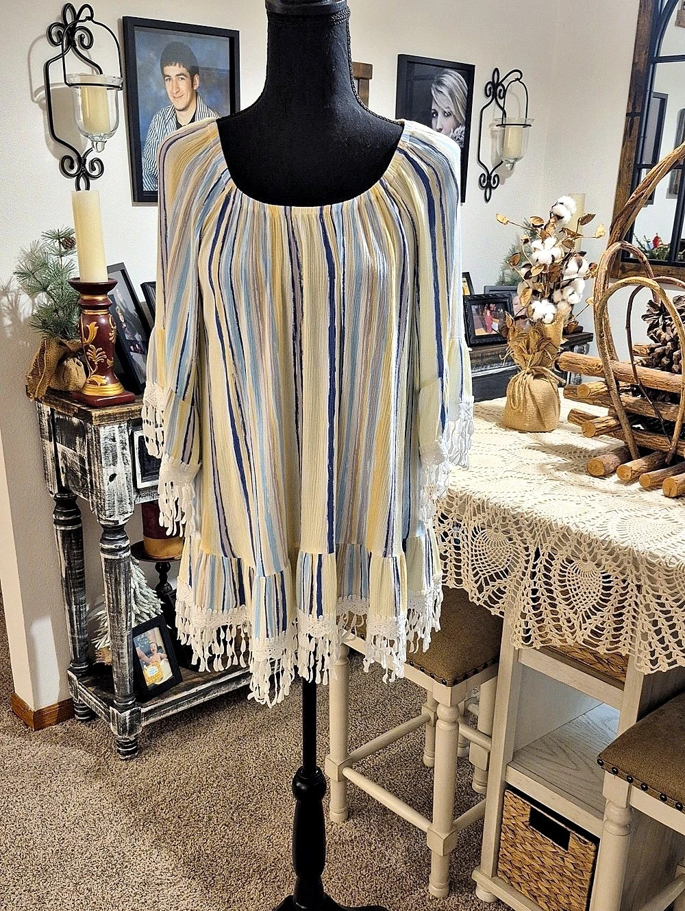 Ethyl Clothing Striped Fringe Tunic in Cream & Blue